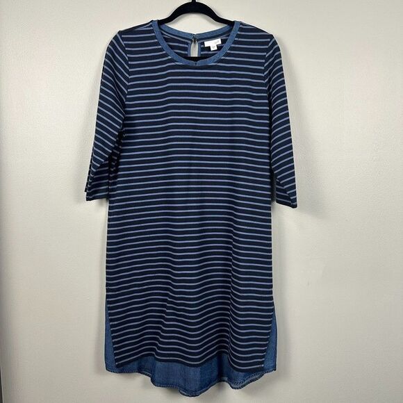 J. Jill Striped Knit Chambray Hem Shift Dress Size Medium Blue 3/4 Sleeve - Picture 1 of 4